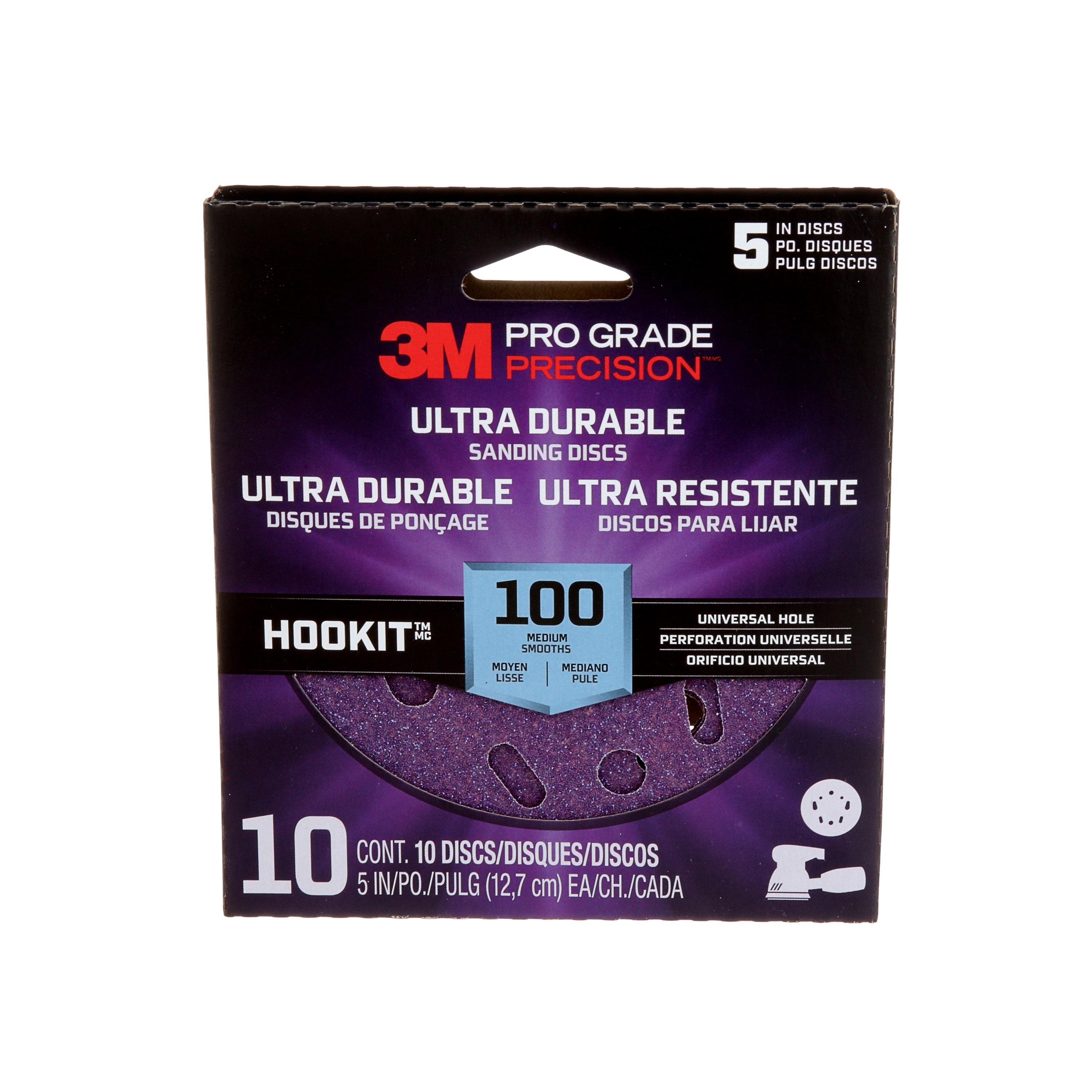3M Pro Grade Precision™ Ultra Durable Sanding Disc DUH5100TRI-10I, 100 Grit, Universal Hole, 5 in, 10/Pack