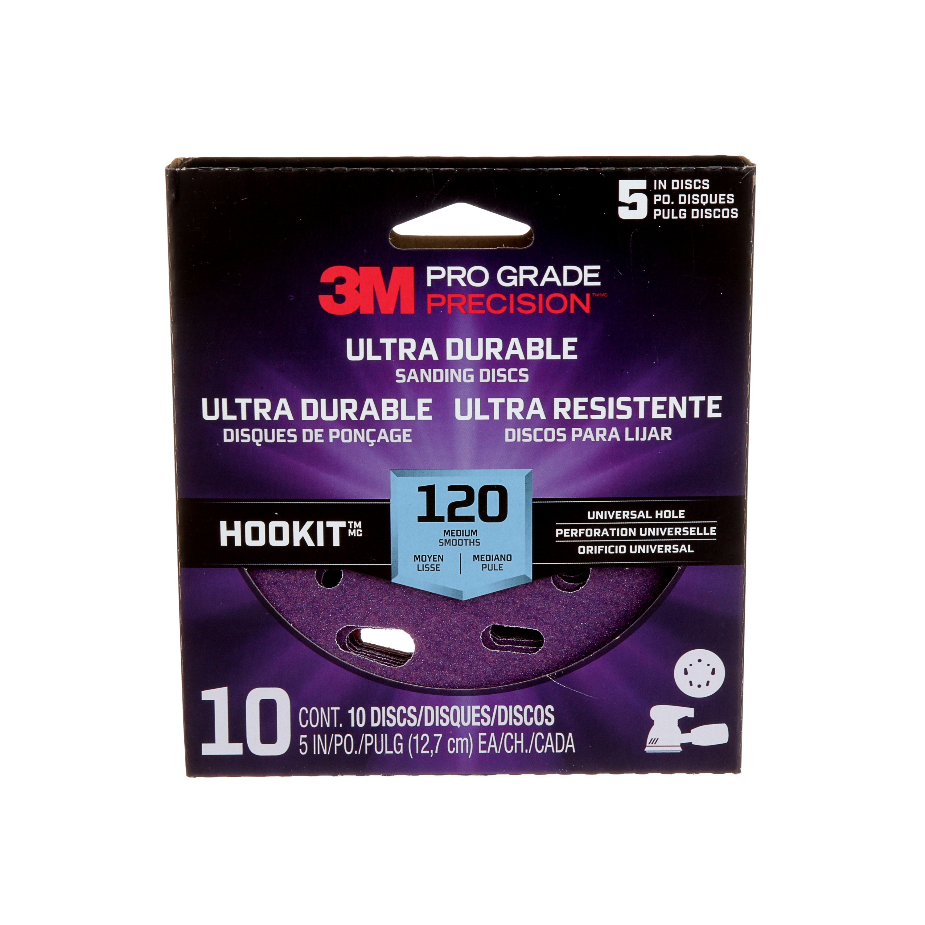 3M Pro Grade Precision™ Ultra Durable Sanding Disc DUH5120TRI-10I, 120 Grit, Universal Hole, 5 in, 10/Pack