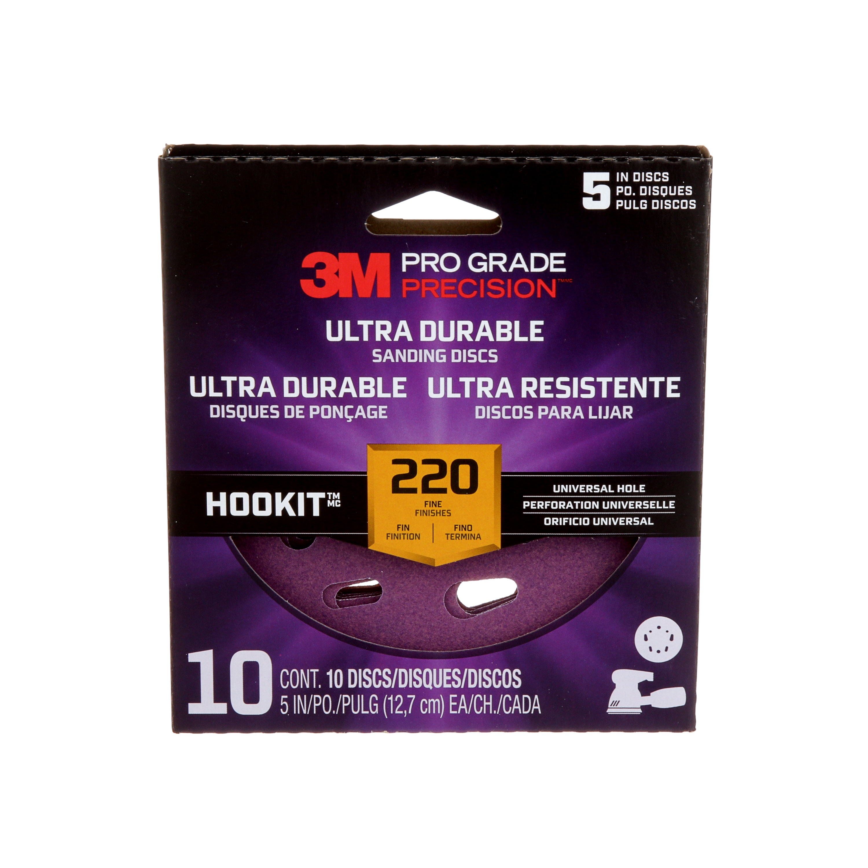 3M Pro Grade Precision™ Ultra Durable Sanding Disc DUH5220TRI-10I, 220 Grit, Universal Hole, 5 in, 10/Pack