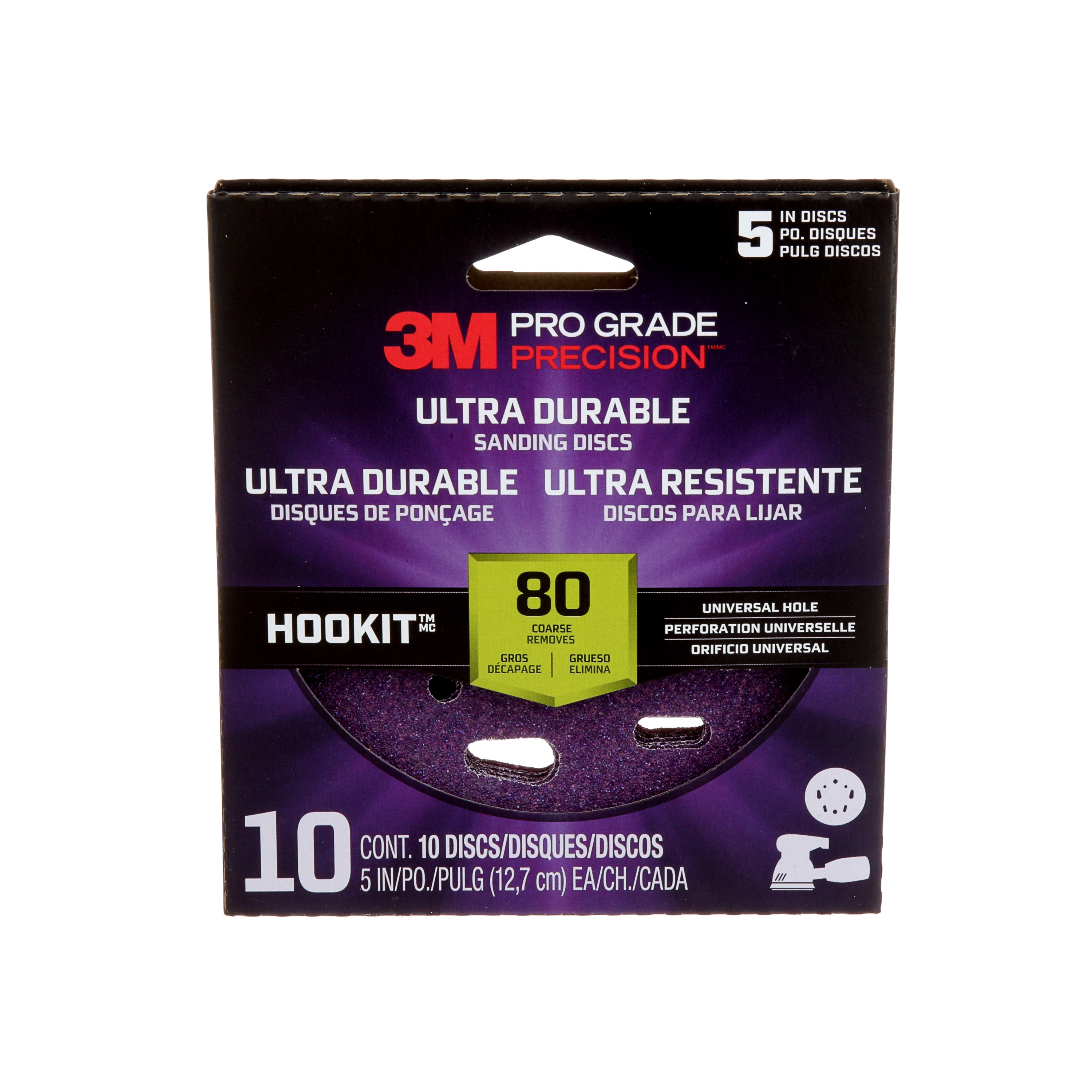 3M Pro Grade Precision™ Ultra Durable Sanding Disc DUH580TRI-10I, 80 Grit, Universal Hole, 5 in, 10/Pack